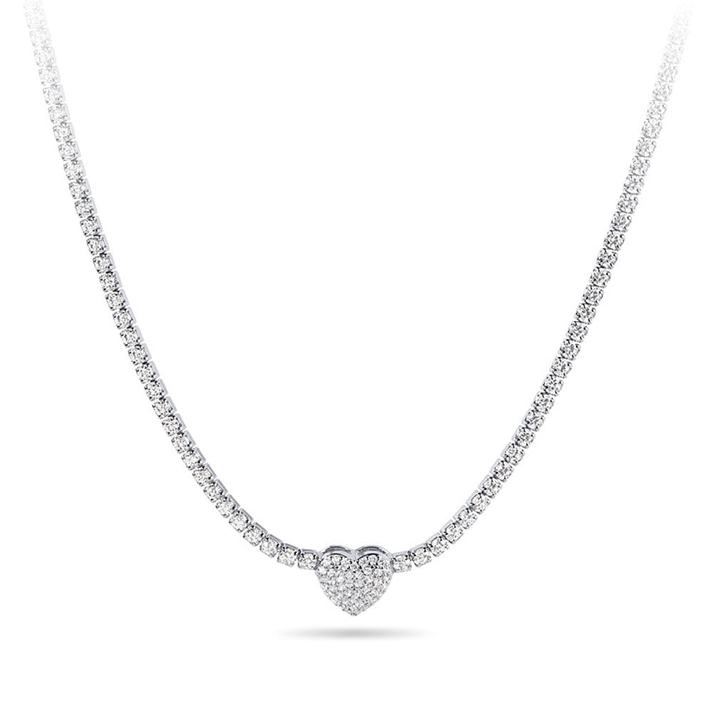 38cm Pave Heart Necklace with Cubic Zirconia in Sterling Silver Necklaces Bevilles 