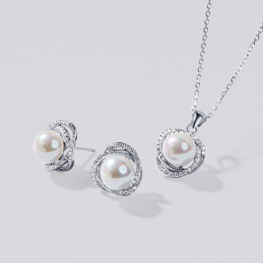 Synthetic Pearl Stud Earrings and Necklace With Cubic Zirconia Set in Sterling Silver Jewellery Sets Bevilles 