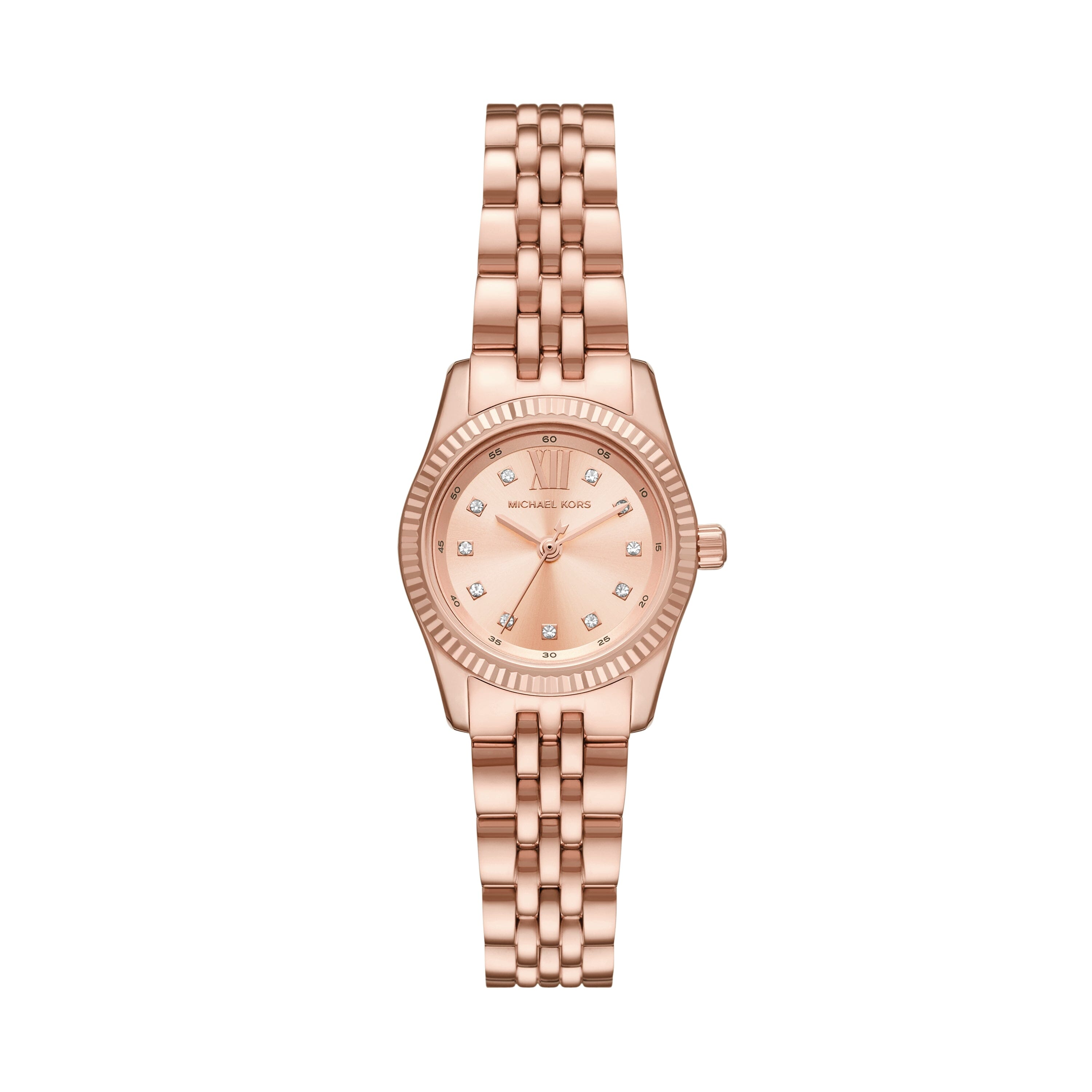 Michael Kors Lexington Three Hand Rose Gold Tone Stainless Steel Watch Bevilles Jewellers