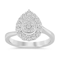 Halo Pear Shaped Sweep Shoulder Ring with 015ct of Diamonds in Sterling Silver Rings Bevilles 