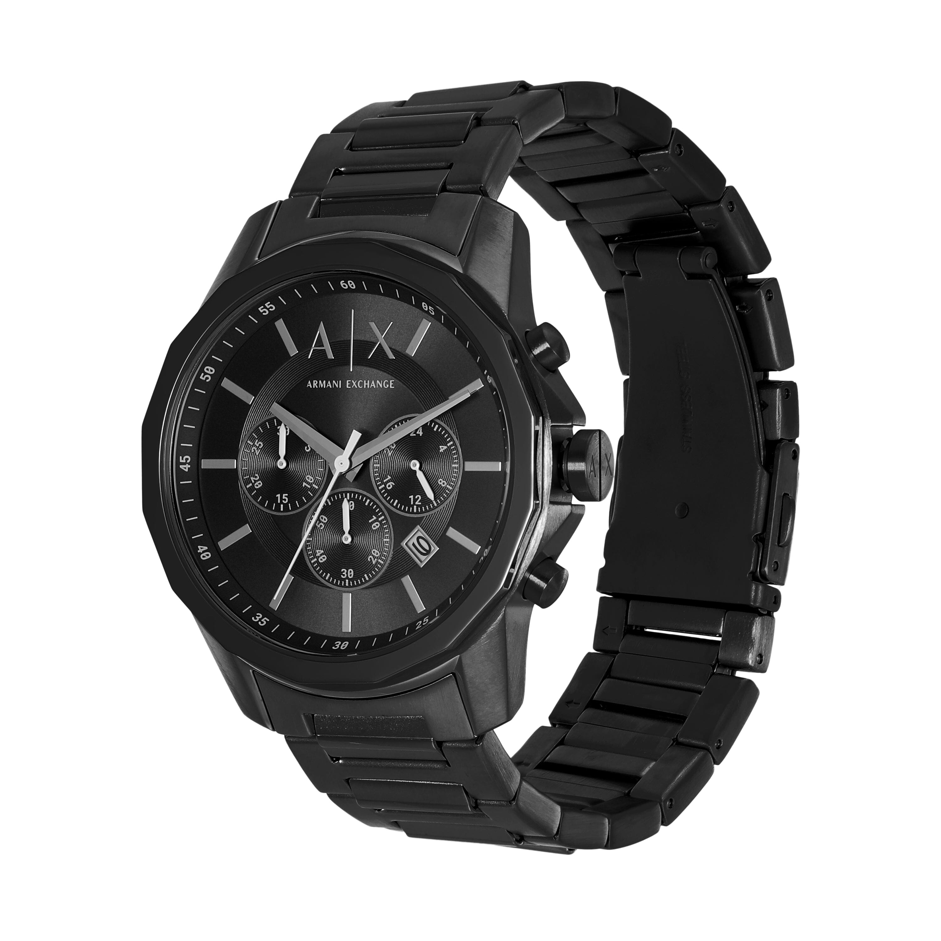 Armani Exchange Chronograph Black Stainless Steel Watch and Bracelet S Bevilles Jewellers