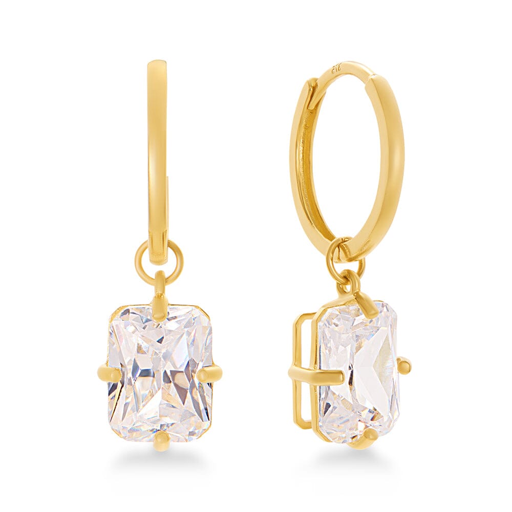 10mm Drop Hoop Earrings with Cubic Zirconia in 9ct Yellow Gold Earrings Bevilles 