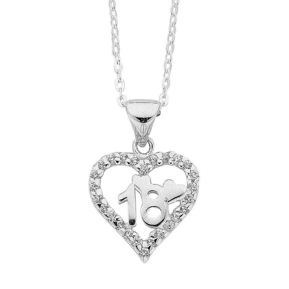 45cm Sterling Silver 18th Birthday Heart Pendant Necklace with Cubic Zirconias Necklaces Bevilles 