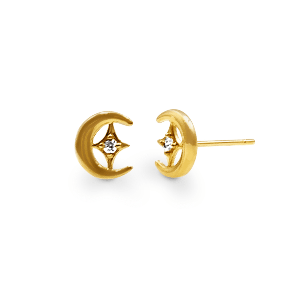 Mini Moon and Star Stud Earrings with Cubic Zirconia in 9ct Yellow Gold Bevilles Jewellers 