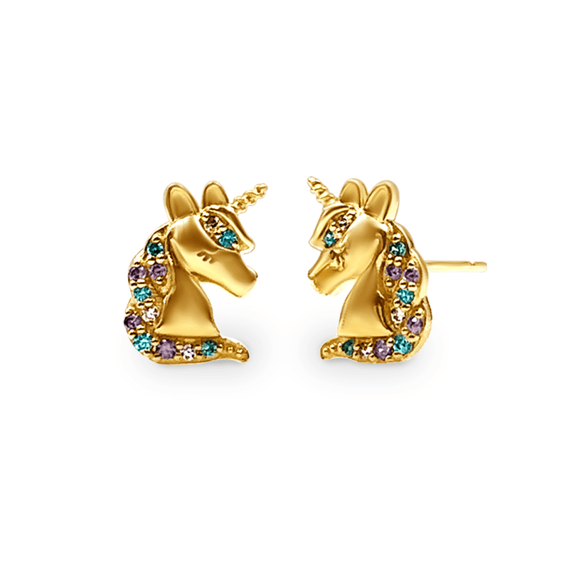 Mini Unicorn Stud Earrings with Cubic Zirconia in 9ct Yellow Gold Bevilles Jewellers 