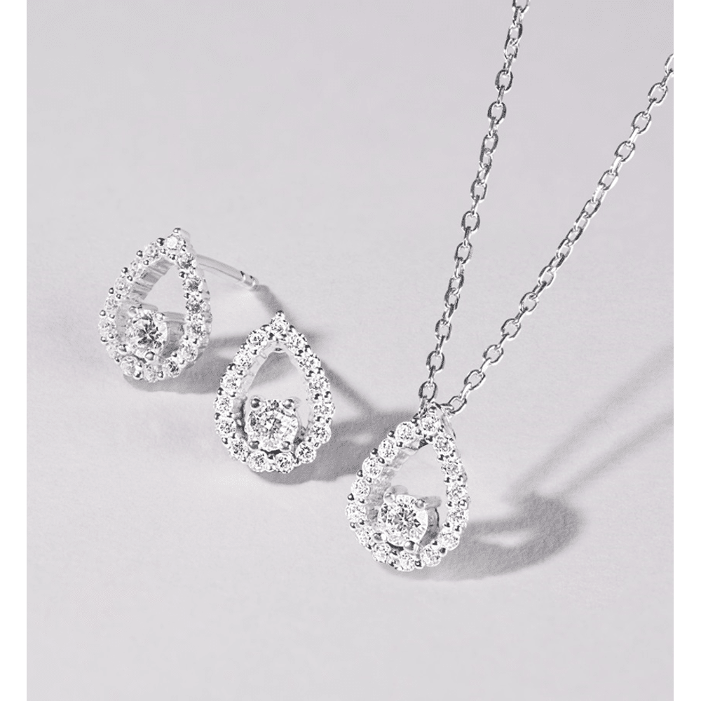 Open Pear Halo Stud Jewellery Set with Cubic Zirconia and Sterling Silver Bevilles Jewellers 