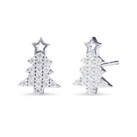 Christmas Tree Stud Earrings with Cubic Zirconia in Sterling Silver