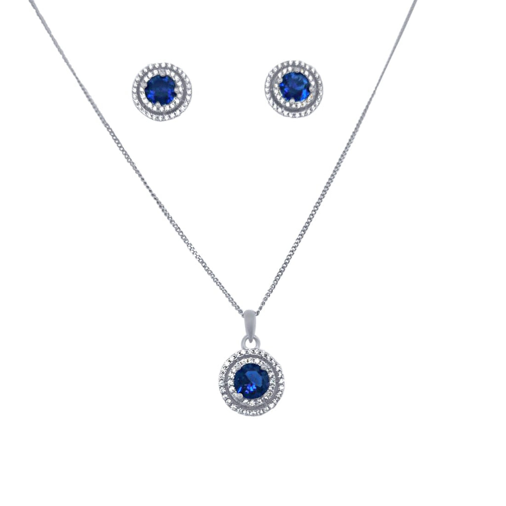 Double Halo Synthetic Dark Blue Opal Necklace and Stud Earrings Set ...