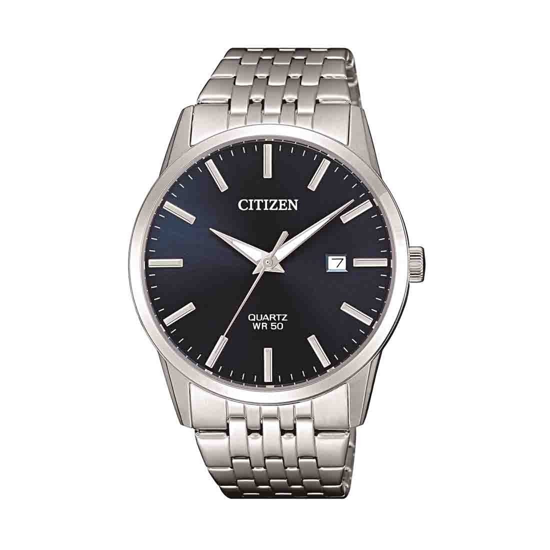 Citizen Men s Silver Stainless Steel Blue Face Watch Model BI5000 87L Bevilles Jewellers