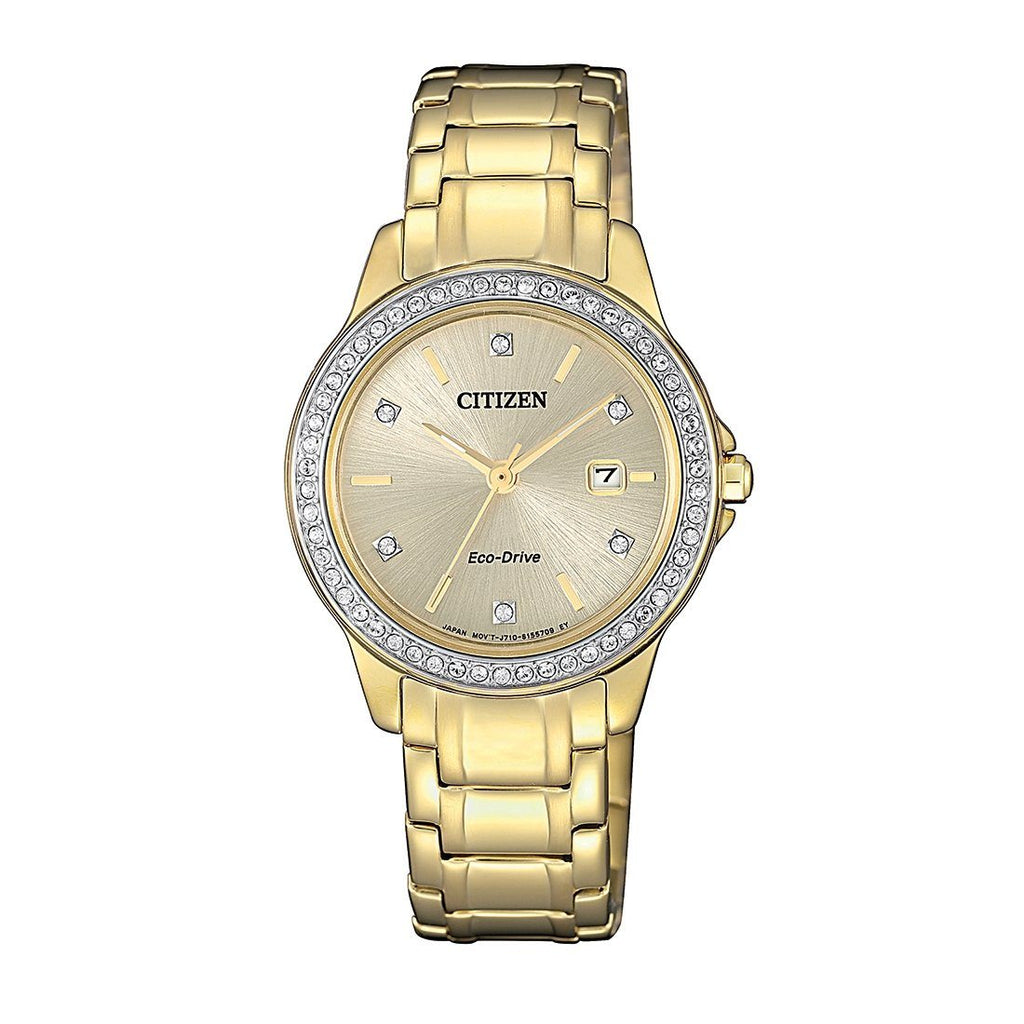 Citizen Eco Drive Swarovski Crystal Gold Watch FE1172-55P – Bevilles ...