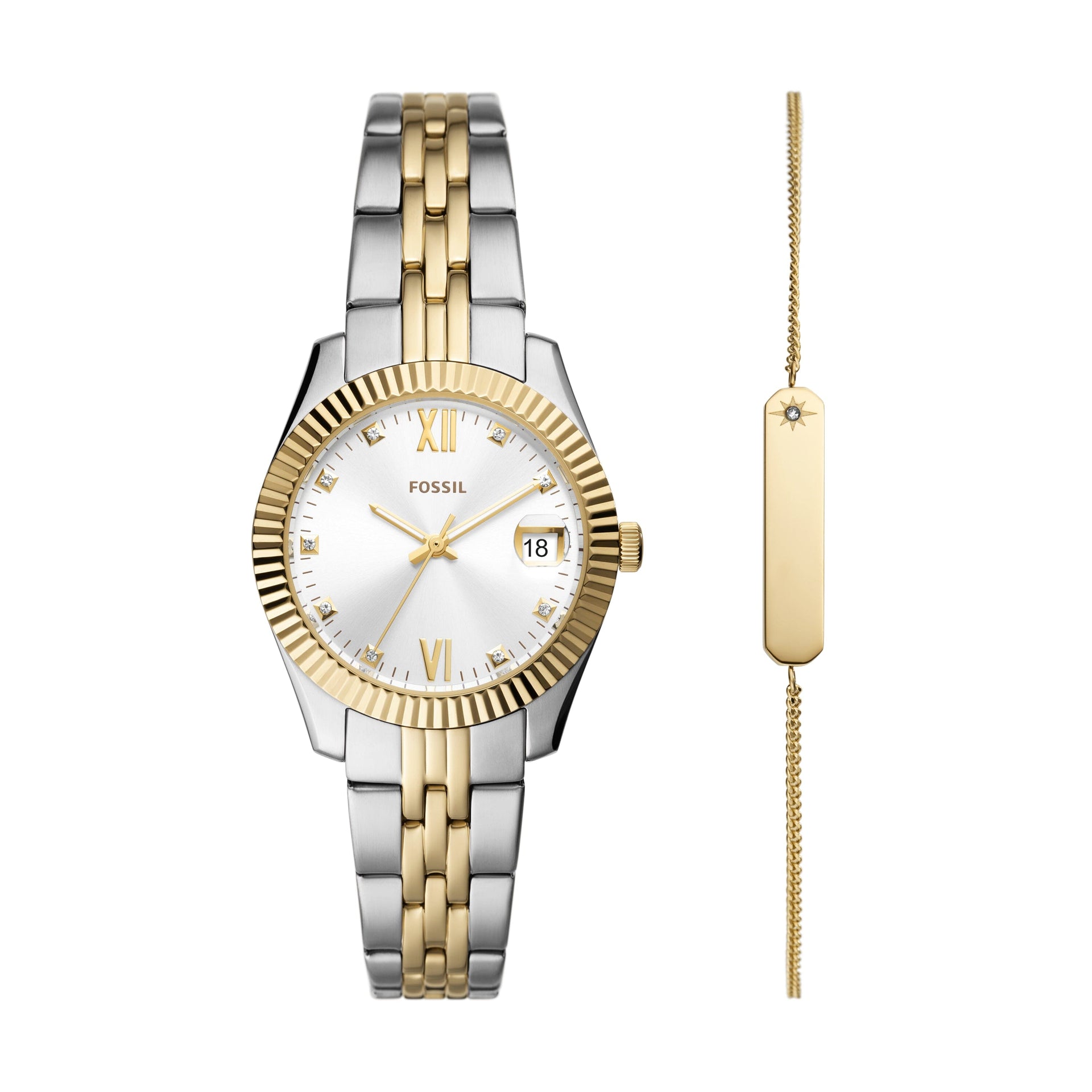 Fossil Scarlette Three Hand Date Two Tone Stainless Steel Watch And Br Bevilles Jewellers 3923