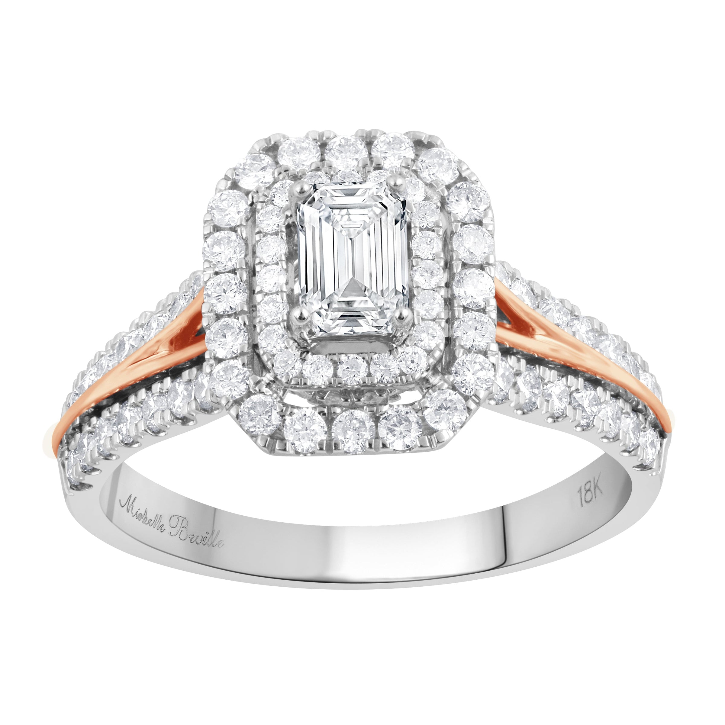 Love by Michelle Beville Emerald Cut Double Halo Ring with 1.00ct of Diamonds in 18ct Gold Rings Bevilles 