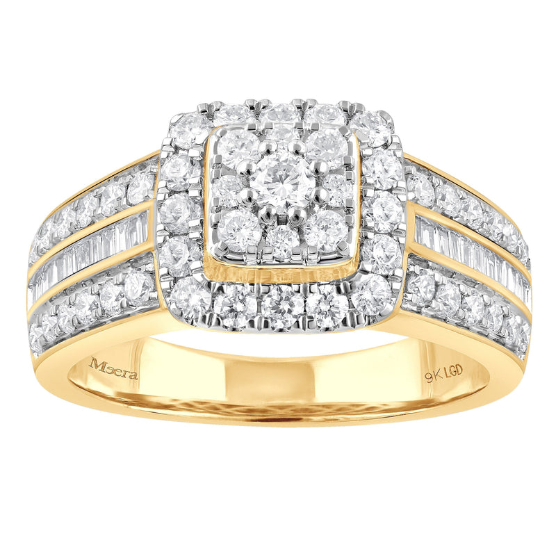 Meera Square Look Halo Ring with 0.85ct of Laboratory Grown Diamonds in 9ct Yellow Gold Rings Bevilles 