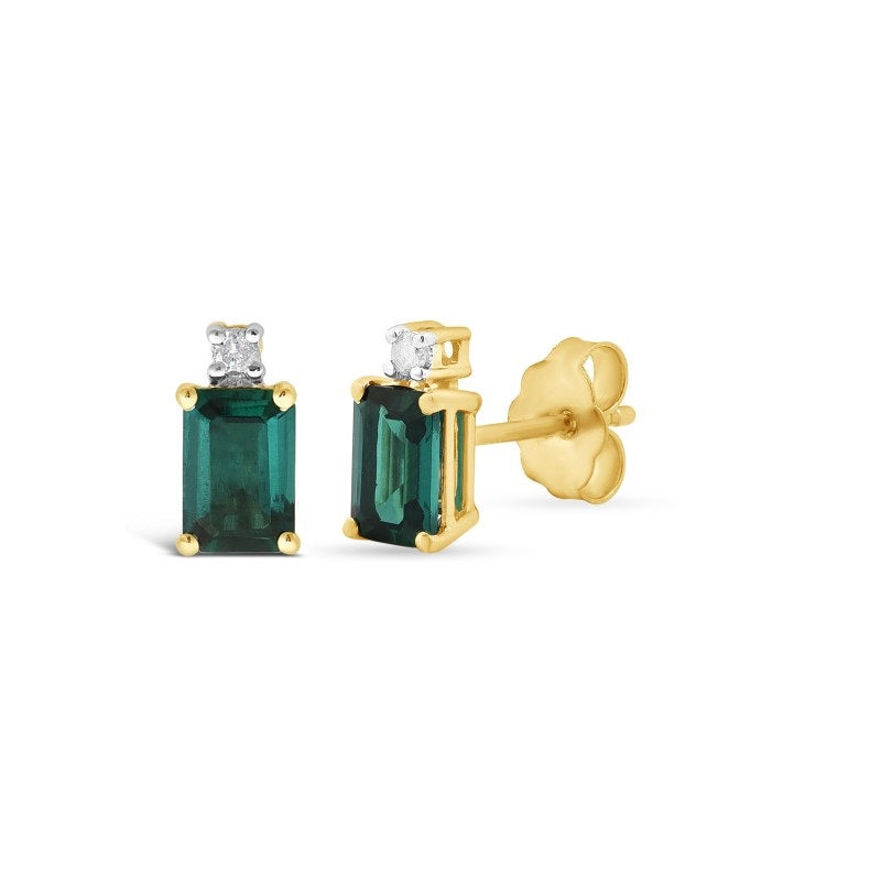 Diamond Set Created Emerald Stud Earrings in 9ct Yellow Gold Earrings Bevilles 