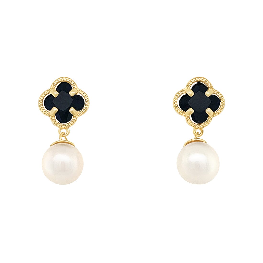 Black Clover and Pearl Stud Earrings in 9ct Yellow Gold Silver Infused Earrings Bevilles 