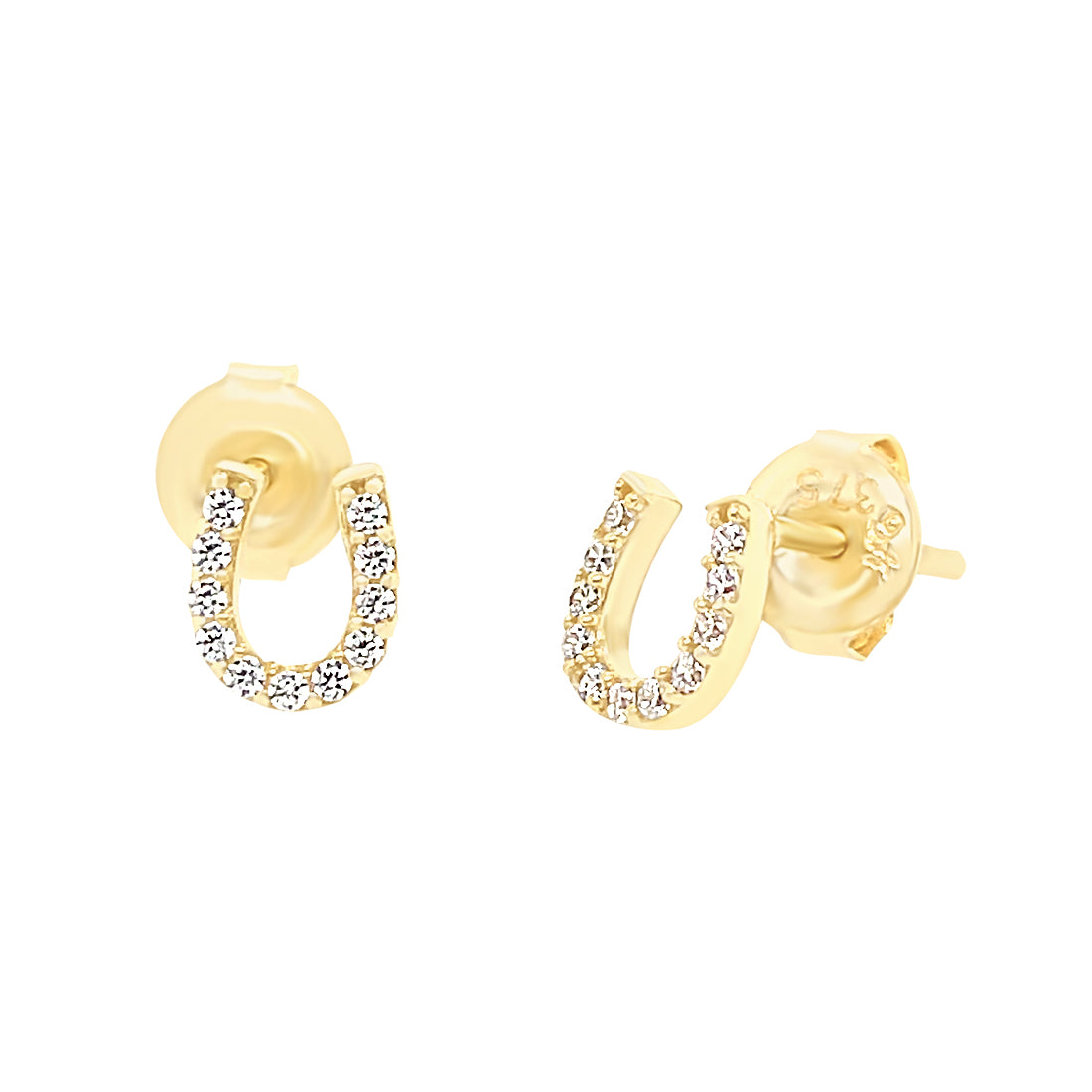 9ct Yellow Gold Horse Shoe Stud Earrings with Cubic Zirconia Earrings Bevilles 